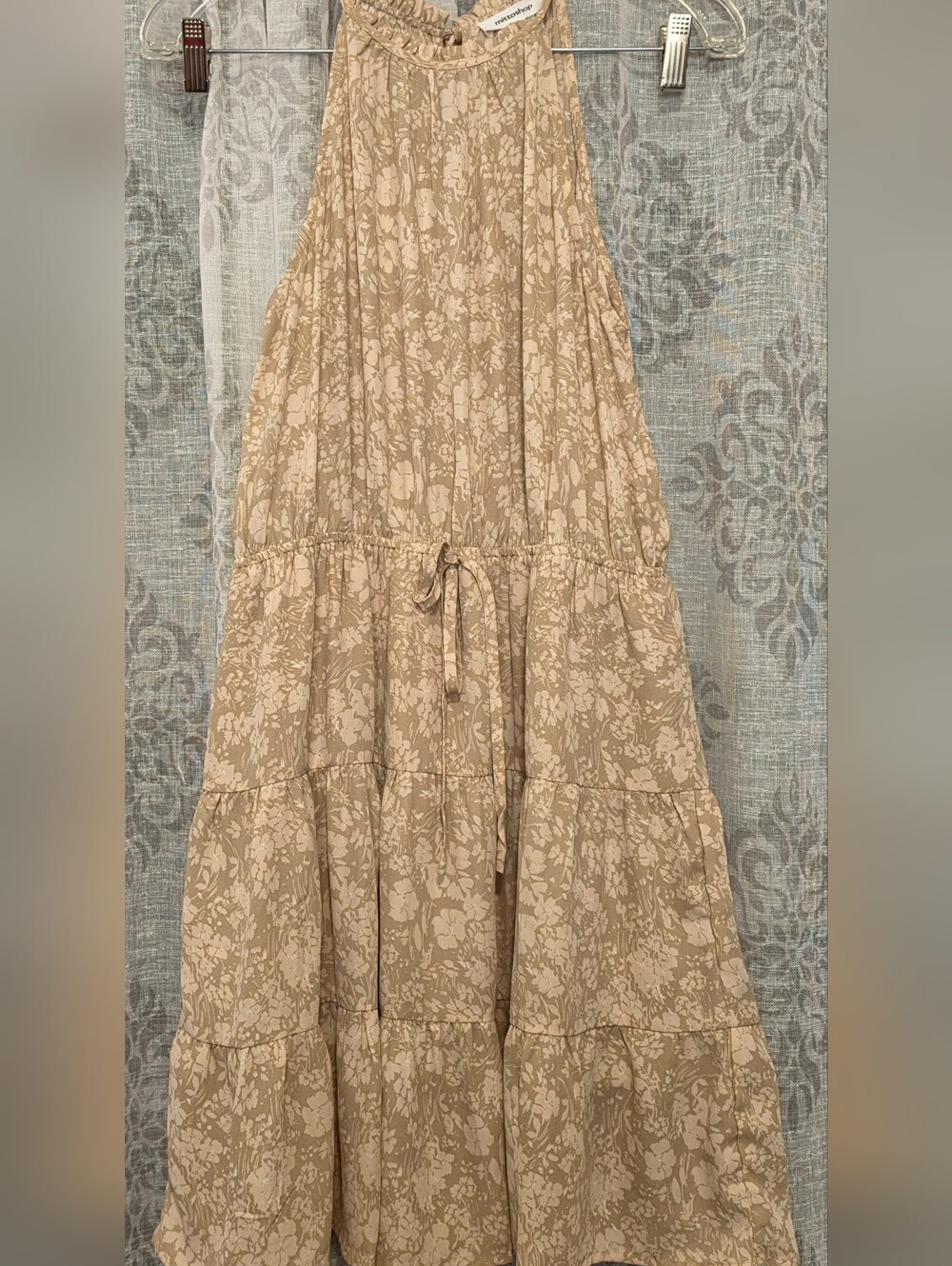 Mittoshop Beige Floral Halter Tiered Mini Dress Medium